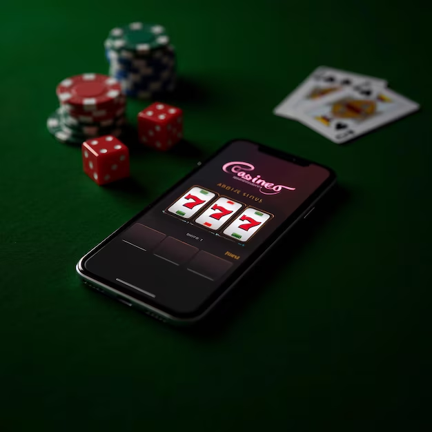 Mobiltelefon med spilleautomat ved kort og casinosjetonger
