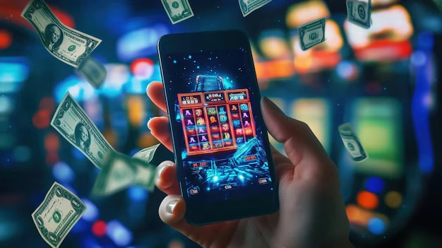 Mobilcasino i hånden med fallende dollarsedler