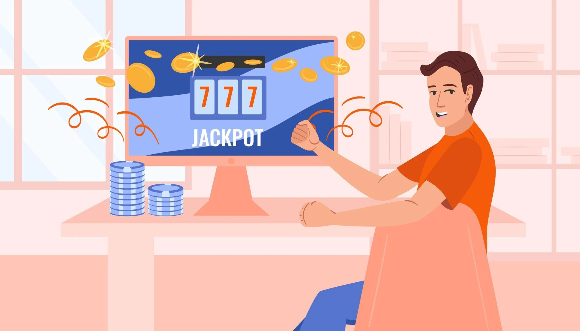 Illustrasjon av jackpot med tre syvere og sjetonger